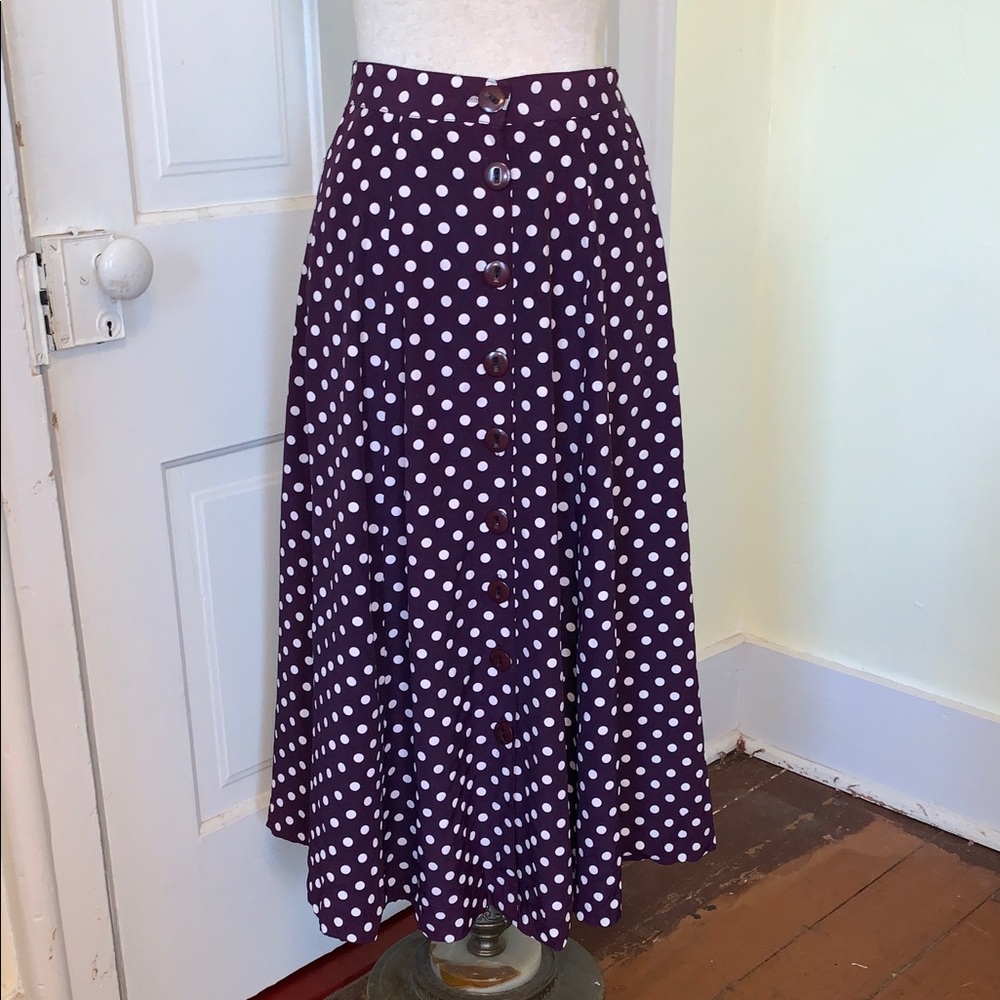 Vintage Button Down Flare A-Line Polka Dot Full Midi Skirt Purple White 8